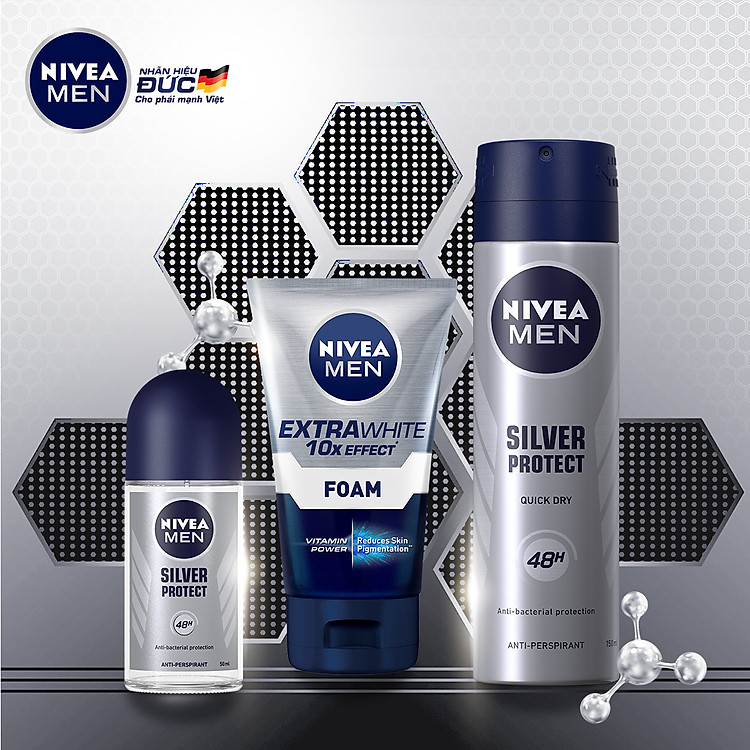 Bộ 3 sản phẩm Xịt và Lăn Ngăn Mùi NIVEA MEN Silver Protect Phân Tử Bạc Giảm 99.9% Vi Khuẩn Gây Mùi (150ml - 82959 & 50ml - 83778) & Sữa Rửa Mặt NIVEA MEN Làm Sáng Da (100G) - 88836