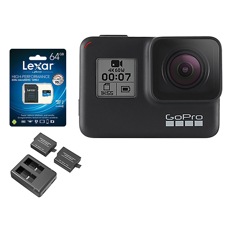 Combo GoPro Hero 7 Black + Thẻ Nhớ 64GB Quay 4K + Bộ Pin Xạc Kép Ravpower - Hàng Nhập Khẩu
