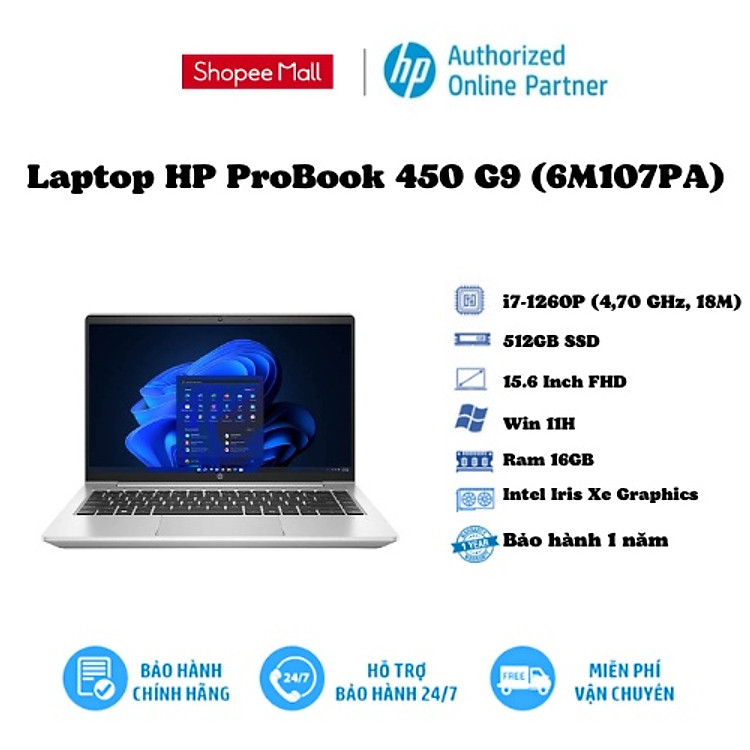 Máy tính xách tay Laptop HP ProBook 450 G9 (6M107PA)/ Bạc/ i7-1260P/ RAM 16GB/ 512GB SSD/ 15.6 Inch FHD/ 3 Cell/ Win 11H/ 1Yr - Hàng chính hãng