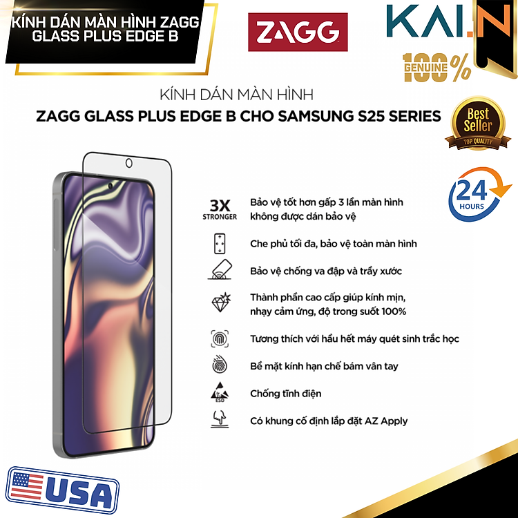 Kính dán màn hình cao cấp ZAGG Glass Plus Edge B cho Samsung S25 Ultra, S25 Plus- Bảo vệ toàn diện, Kèm khung hỗ trợ dán, Nhận Vân tay nhạy_Hàng Chính Hãng