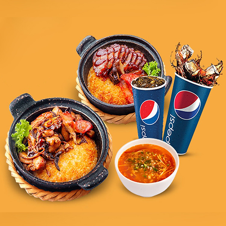 Giftpop-Kombo Cơm Niêu Singapore - Set Ăn 1 Cơm Cơm Gà Nấm 2 Mặt + 1 Cơm Thịt Sốt BBQ 2 Mặt + 2 Pepsi + 1 Canh Chua Dành Cho 02 Người