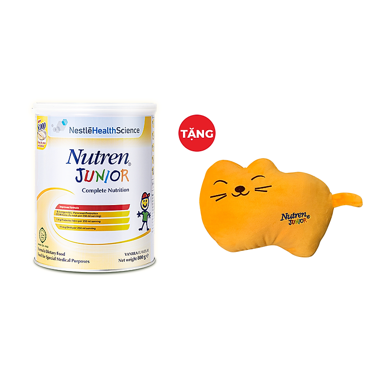 Thực phẩm dinh dưỡng Nutren Junior Thụy Sĩ hỗ trợ tăng cân tiêu hóa tốt cho trẻ từ 1 đến 10 tuổi 800g - Tặng Gối con mèo