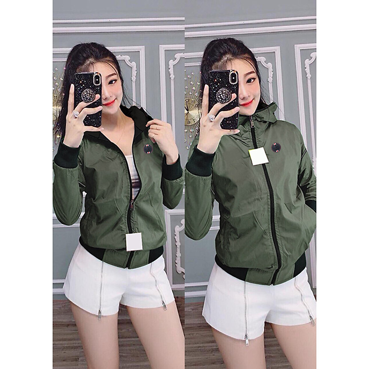 Áo Khoác Dù Nữ Dài Tay Nón Trùm Thêu LoGo Thời Trang