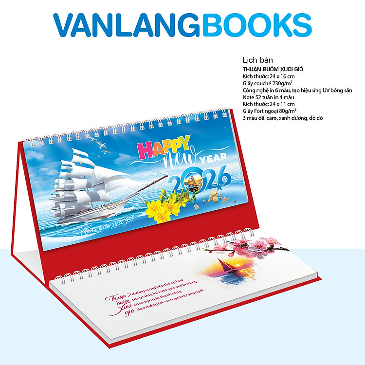 Lịch Bàn 2026 Vanlangbooks - Thuận Buồm Xuôi Gió (VLLB18A) Kèm Note 52 Tuần Tiện Lợi - Màu Đỏ