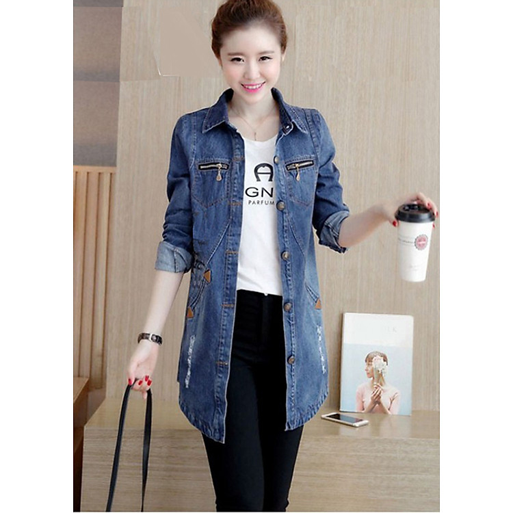 Áo Khoác Jean Nữ Form Dài Phối Dây Kéo