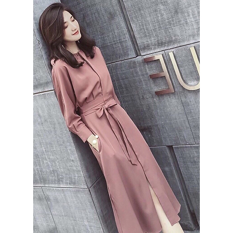 Đầm hồng cổ tròn form dài