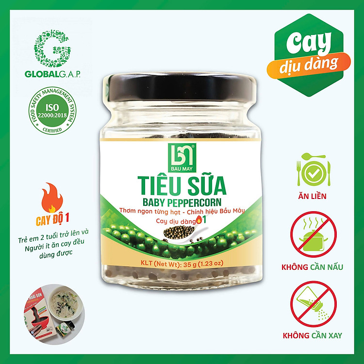Tiêu Sữa Bầu Mây - Tiêu Ăn Liền - Cấp Độ Cay 1/6 - Hũ 35g - Hồ Tiêu Vùng Trồng Đạt chuẩn quốc tế GLOBALG.A.P.