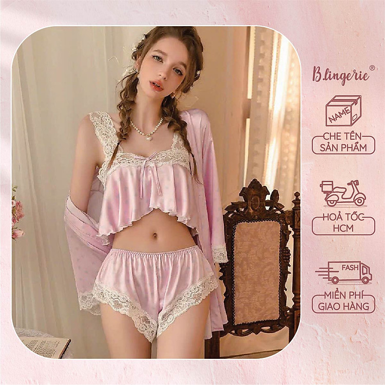 Bộ Đồ Ngủ Lụa Satin Phối Ren (Không kèm áo choàng) - B.Lingerie
