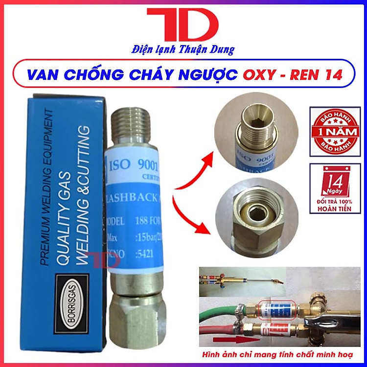 Van chống cháy ngược khí hàn Oxi, Van lắp tay hàn gió đá O2, acetylen, Valve Boris, phi 16 hàng chính hãng, Điện Lạnh Thuận Dung