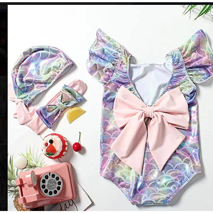 Set Đồ Bơi Kiểu Nàng Tiên Cá Nơ Hồng Cho Bé Gái Dể Thương