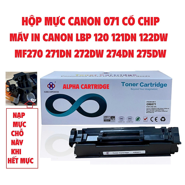 Hộp mực 071 Canon MF270, MF271dn, MF272dw, MF274dn, MF275dwLBP 120, 121dn, 122dw, CÓ CHIP CRG 071 MỚI 100% BẢO HÀNH 1 ĐỔI 1 - Hàng chính hãng Alpha Cartridge