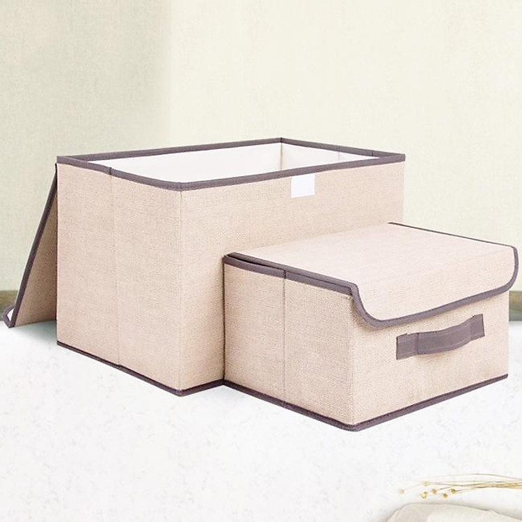 Bộ 2 thùng vải, hộp vải đựng đồ đa năng -Màu Nâu Kem - Hộp vải đựng quần áo 2 size đựng quần áo, đồ lót, giày, văn phòng phẩm, đồ dùng cá nhân rất tiện lợi-Bộ 2 hộp vải đựng đồ vải canvas siêu xinh có nắp đậy, tủ vải đựng đồ hộp cái