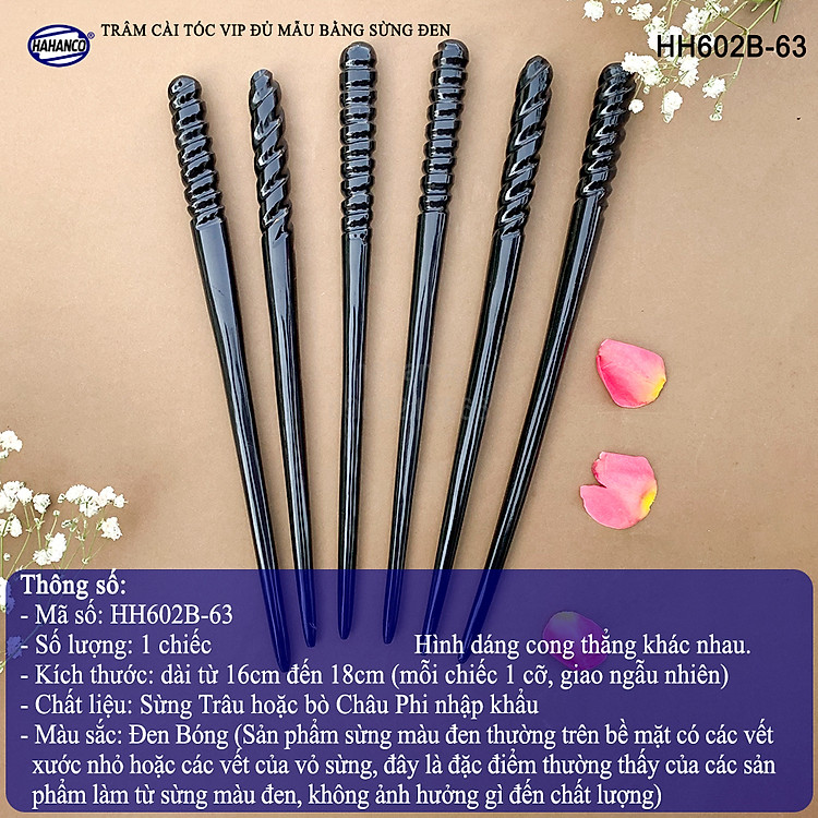 Trâm cài tóc bằng sừng hàng VIP màu đen (HH602B) đục khắc hình dễ thương/đủ loại kiểu dáng