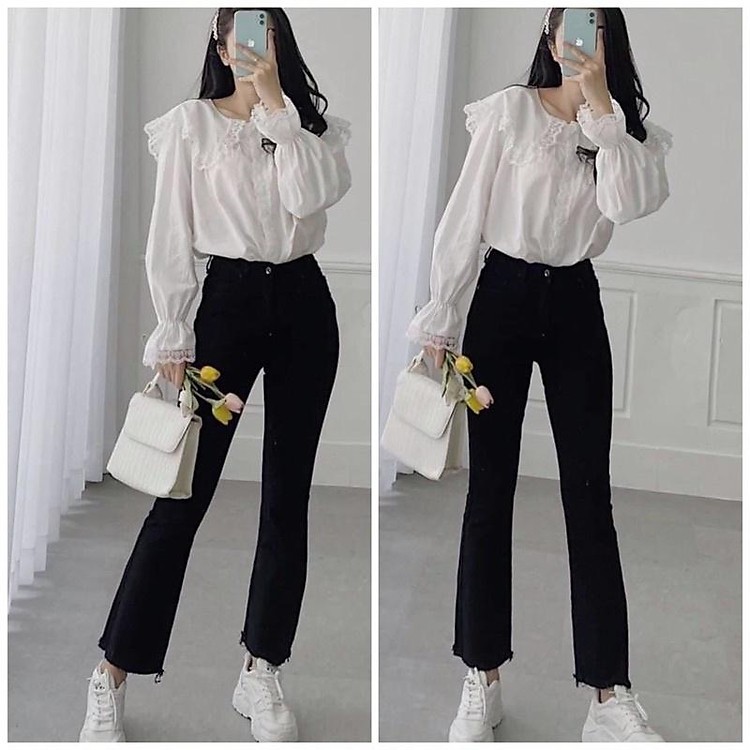 Quần Jean Nữ Ống Loe Lửng 9 Tấc (Trắng, Đen)