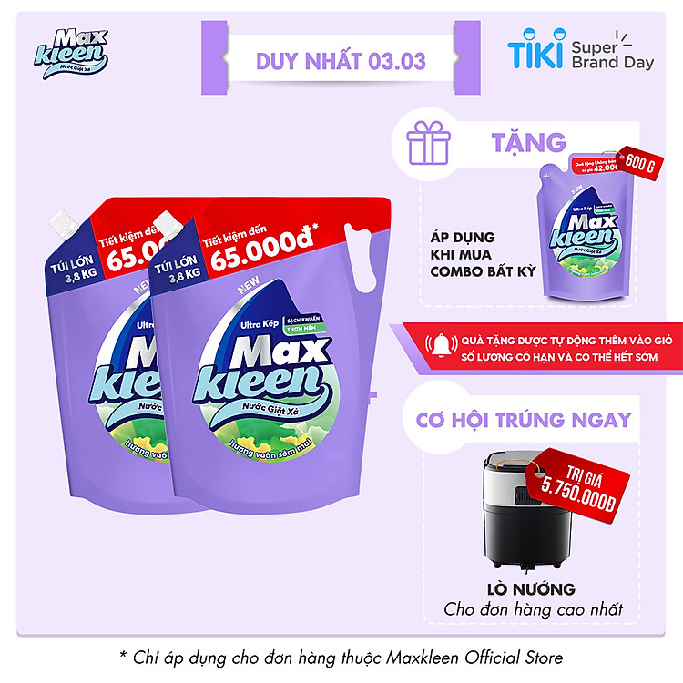 Combo 2 túi nước giặt xả Maxkleen hương Vườn Sớm Mai 3.8kg/túi