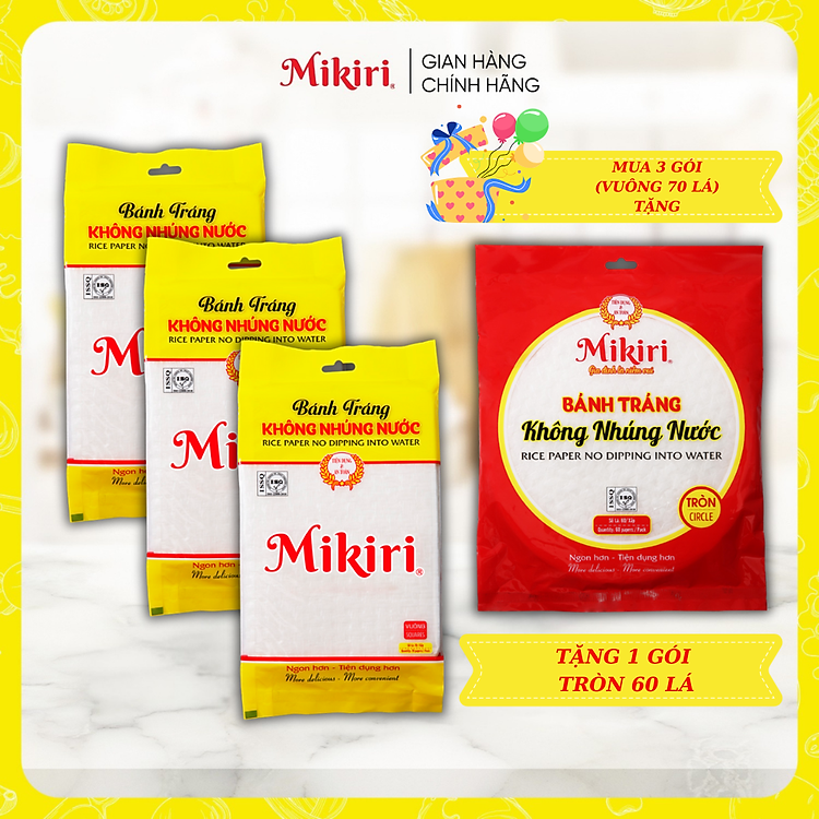 MUA 2 TẶNG 2 - Bộ 4 Bánh tráng Mikiri không nhúng nước vuông tròn lớn - Nguyên liệu cho món ăn thêm ngon