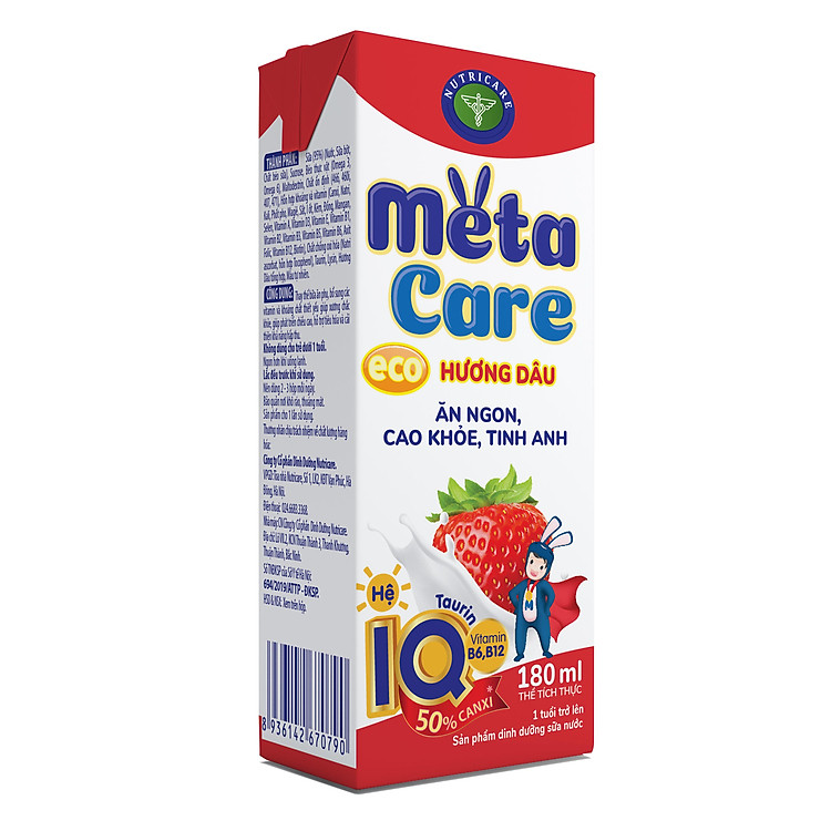 Thùng sữa nước Nutricare Metacare ECO (Vị DÂU) - ăn ngon cao khoẻ tinh anh cho trẻ từ 1 tuổi (180ml x 48 hộp)