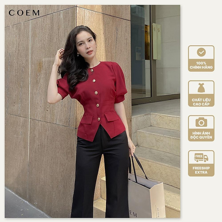 Áo Kiểu Nữ Tay Phồng Cao Cấp Cách Điệu Màu Đỏ Thiết Kế CO EM Chất Liệu Cotton Premiun Sang Trọng Dễ Phối Đồ - Linh Đỏ
