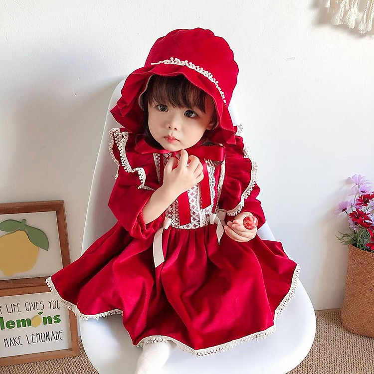 Set váy kèm mũ Tiểu Công Chúa lót lông toàn thân siêu ấm - Váy nhung đỏ cho bé đón Tết