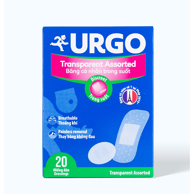 Băng cá nhân trong suốt URGO Transparent Assorted bảo vệ vết thương nhỏ 4 size (Hộp 20 miếng)