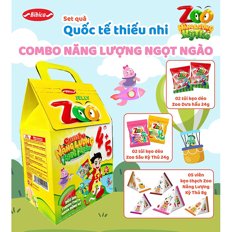 Set quà Zoo Bibica – 2 kẹo dẻo dưa hấu, 2 sâu kì thú, 5 thạch năng lượng – Combo năng lưọng