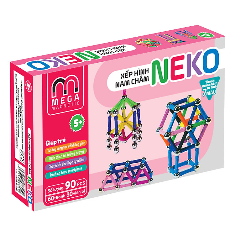 Đồ Chơi Thông Minh Mega Magnetic Thanh Nam Châm Từ Tính 7 Màu Thanh Ngắn (Bộ 60 Thanh, 30 Bi) - Hộp Hồng