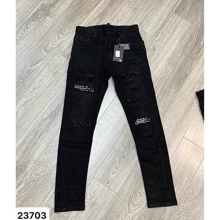 Quần jean rách đinh trắng đen, quần bò amiri rách vá đinh
