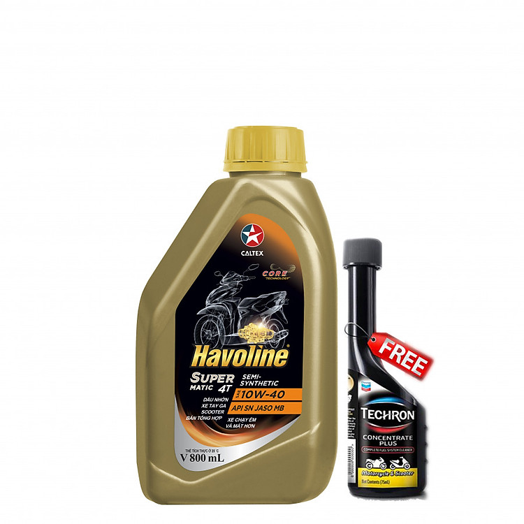 Combo dầu nhớt bán tổng hợp xe tay ga Caltex Havoline SuperMatic 4T Semi-Synthetic 10W40-0,8L tặng dung dịch vệ sinh buồng đốt
