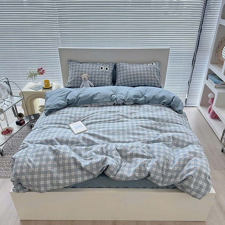 Bộ vỏ chăn ga gối cotton tici LIDACO họa tiết kẻ đôi mắt hiện đại bo chun đủ mọi cỡ nệm