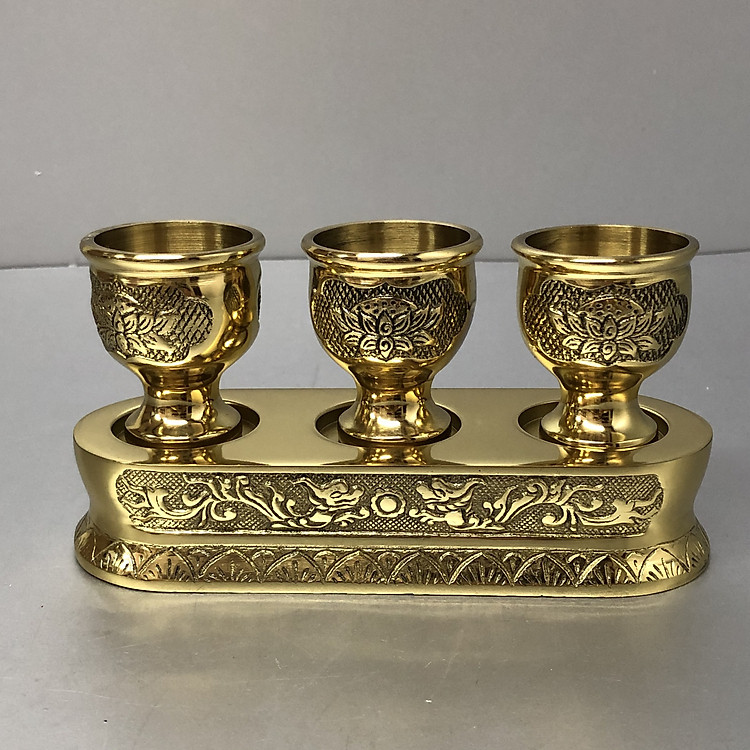 Bộ chung nước thờ cúng 3 ly bằng đồng mẫu ly hoa sen