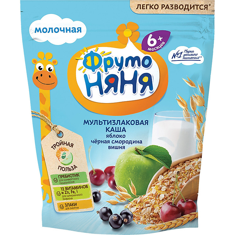 Bột ăn dặm ngũ cốc Fruto Nga với Táo, Phúc bồn tử đen và Quả Cherry 200g (Từ 6 tháng tuổi)