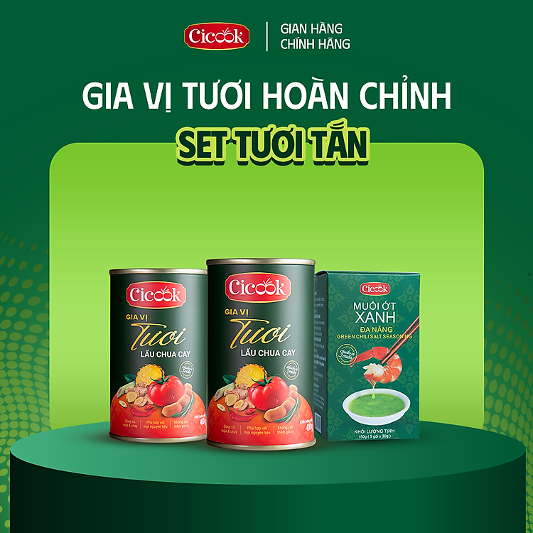 [SET TƯƠI TẮN] 2 Lon Xốt Lẩu Chua Cay Cicook 400G*2 + 1 Hôp Xốt Chấm Muối Ớt Xanh Đa Năng Cicook (5 Gói tặng 1) 210G
