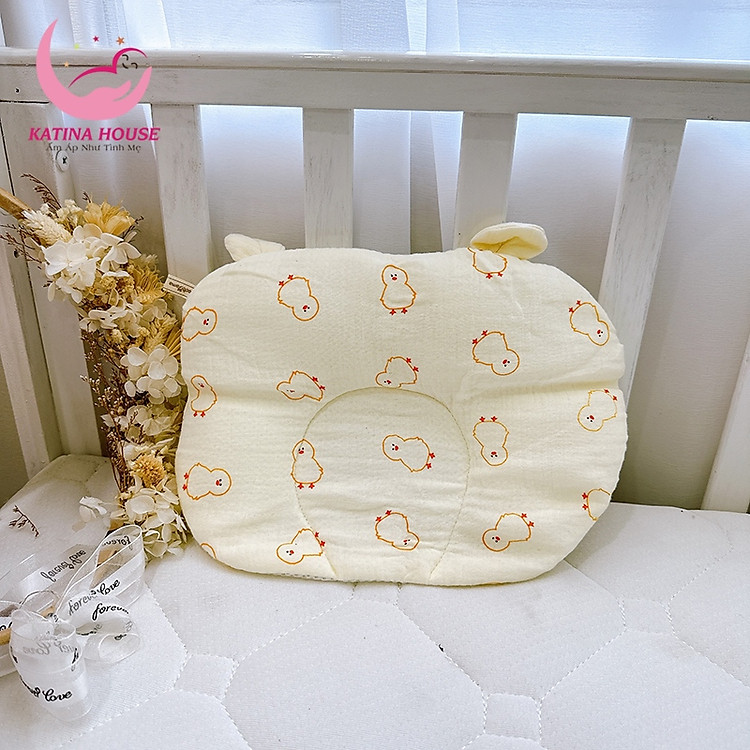 Gối sơ sinh 0-4 tháng, gối xô tai gấu đáng yêu, mềm mại thoáng mát