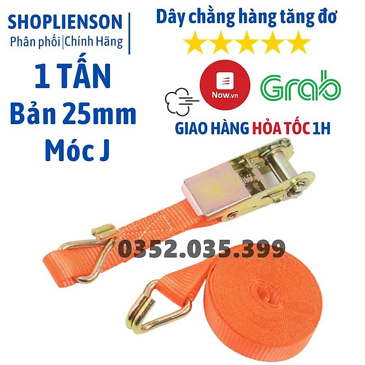 Dây cảo chằng hàng tăng đơ bản 25mm, Có Móc J, dài 1m-8m, tải trọng 1 tấn, chất liệu Polyeter cường lực