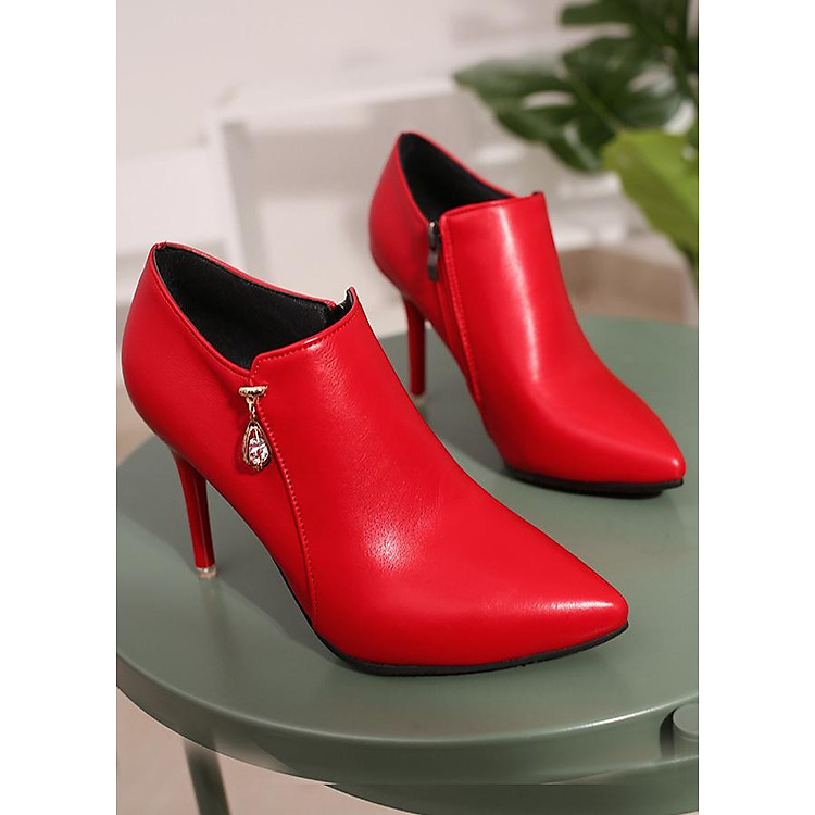 Giày boot cổ thấp bít mũi dây kéo bên hông cá tính da mềm cao 7cm 105