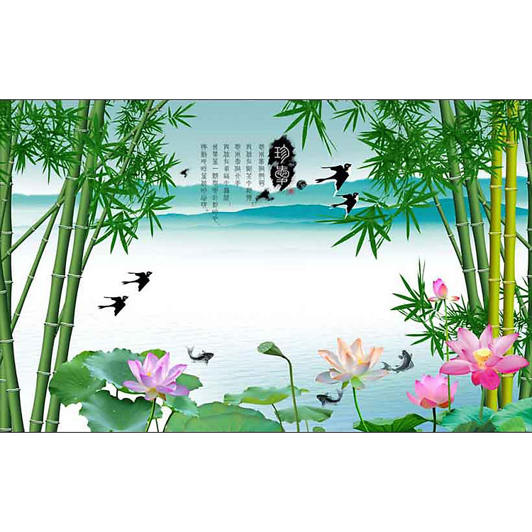 Tranh dán tường 3d | Tranh dán tường phong thủy hoa sen cá chép 3d 339
