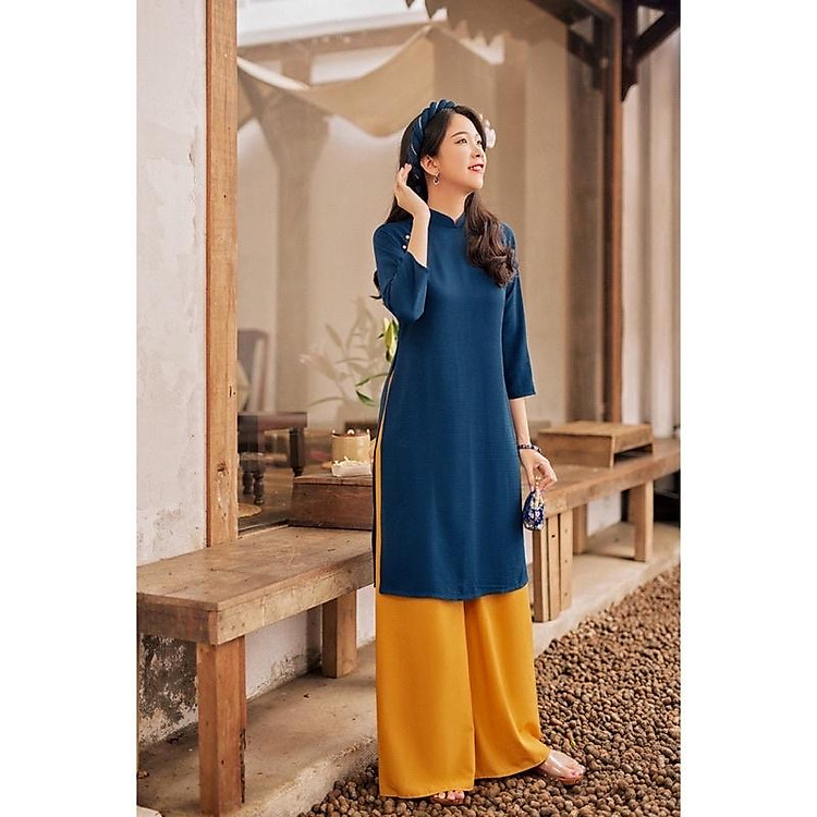 Set áo dài Đông Du xanh navi-kèm ảnh thật