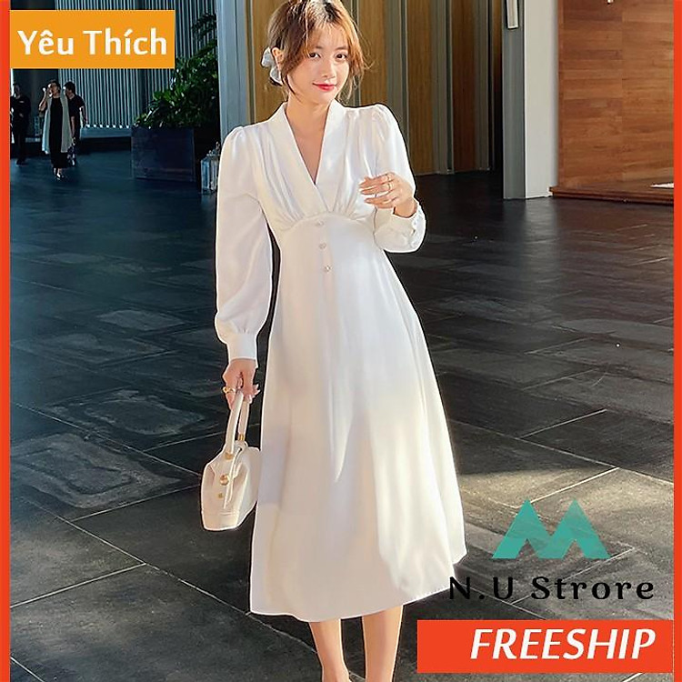 ️ Váy Trắng Tiểu Thư ️ ĐẦM MAXI DỰ TIỆC SANG TRỌNG ️ CỔ V , PHỐI NÚT BỌC CHẠY GIỮA CỰC YÊU - N.U FASHION .