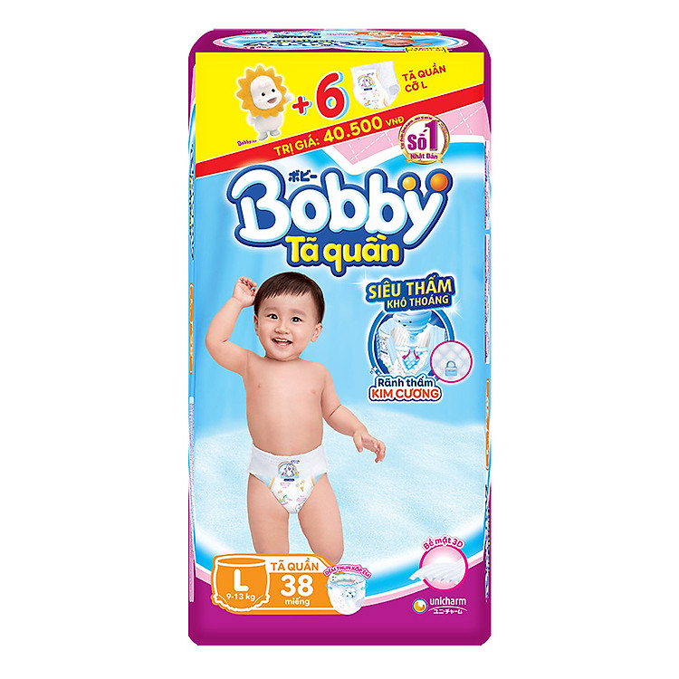 Tã Quần Bobby Gói Lớn L38 (38 Miếng) + 6 Miếng Cùng Size