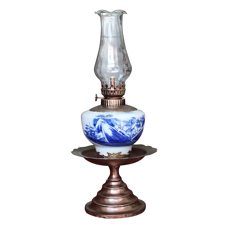 Đèn thờ dầu men lam vẽ Sơn Thủy chân đồng thấp gốm sứ Bát Tràng (đèn dầu, đèn thờ cúng)