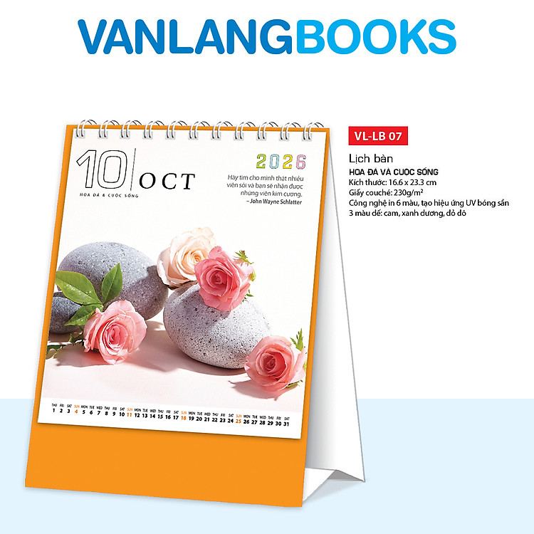 Lịch Bàn 2026 – Hoa Đá Và Cuộc Sống | Lịch Để Bàn Vanlangbooks | Mã: VLLB07B - Màu Cam