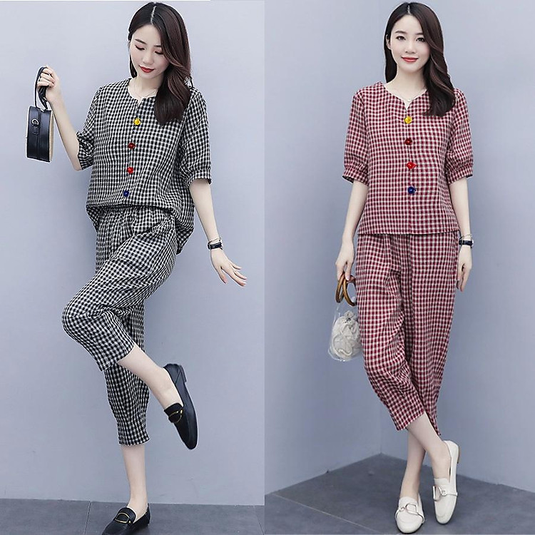Sét bộ đồ nữ họa tiết kẻ caro mềm mại mặc cực sang và thoải mái