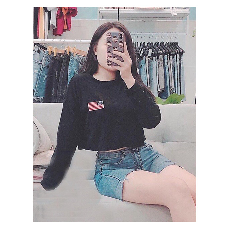Áo Croptop Tay Dài Nữ ALUVI Form Rộng In Cờ Mỹ Rất Đẹp
