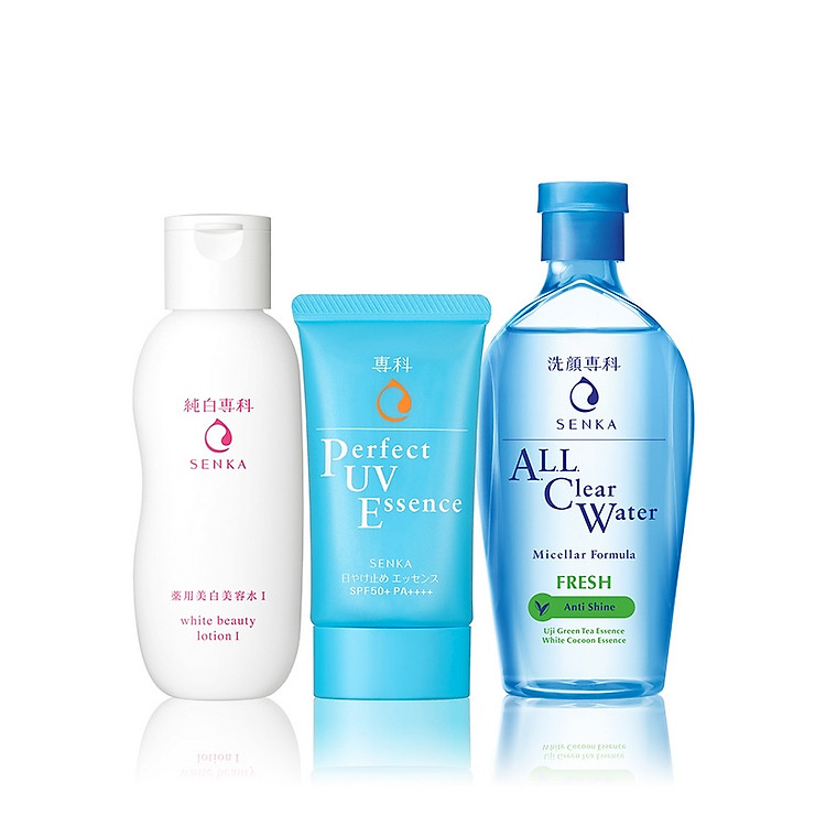 Bộ sản phẩm dưỡng trắng sạch thoáng Senka (Perfect UV Essence 50g + Lotion 200ml + All clear fresh 230ml)