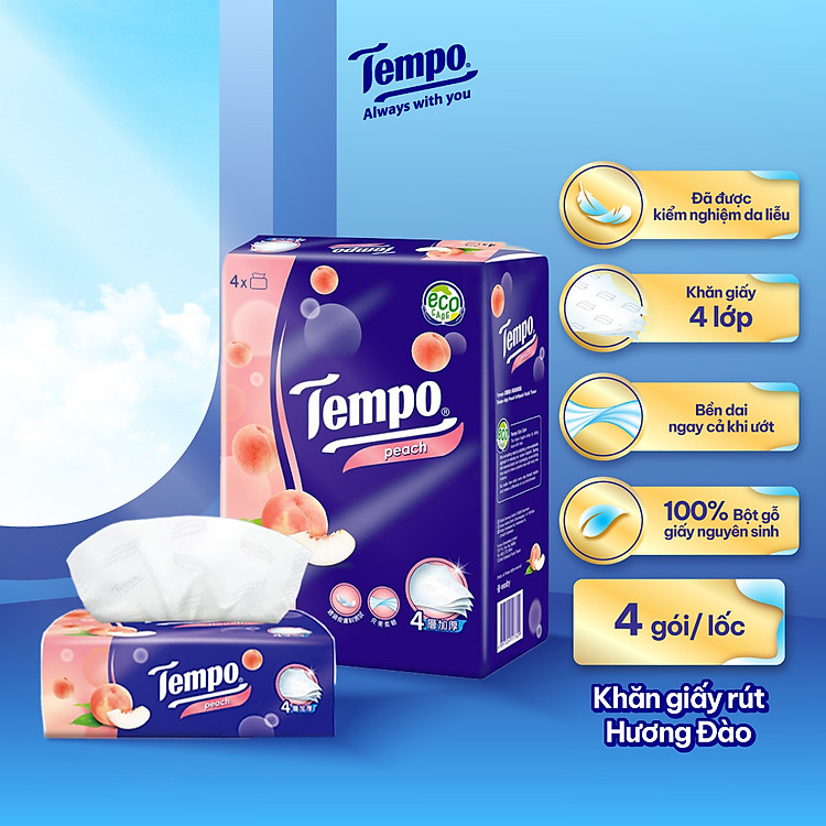 Lốc 4 Gói Khăn Giấy Cao Cấp Tempo Softpack Không Mùi, 4 Lớp, Không Gây Kích Ứng Da (90 Tờ/ Gói) - Thương Hiệu Đức