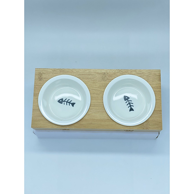 Chén ăn gỗ đôi cho mèo xương cá