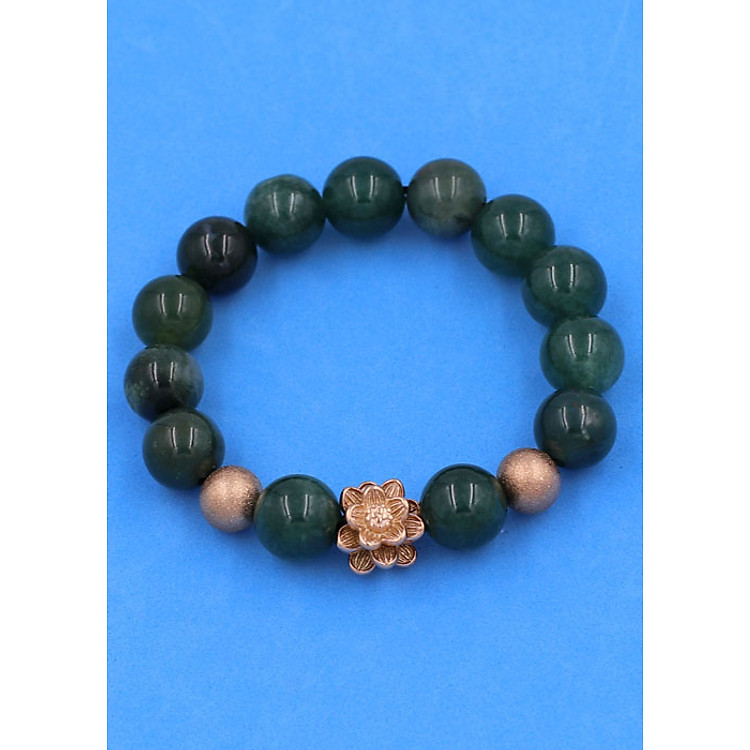 Chuỗi tay Cẩm Thạch Xanh Đậm 12 ly mix hoa sen vàng hồng VCTXDHSHBH12 - Vòng tay hoa sen inox 304, không rỉ sét