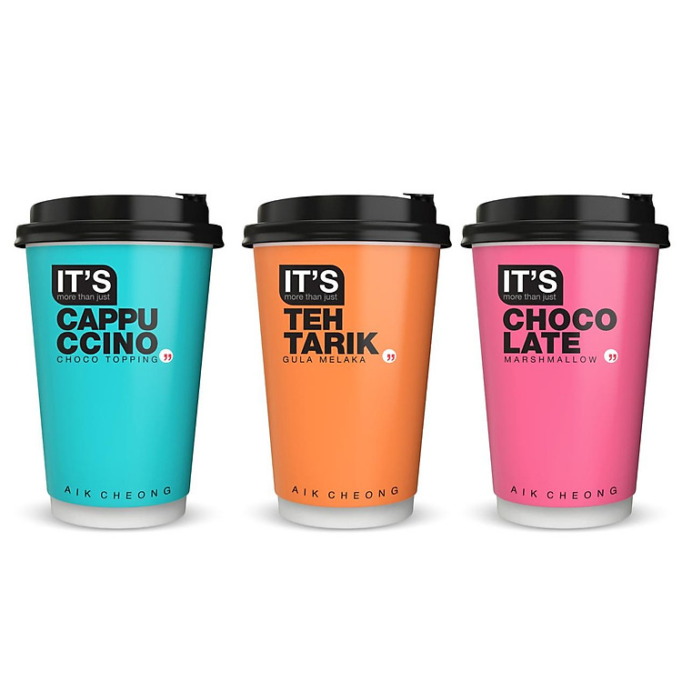 Combo 3 Ly Trà Sữa/ Cà Phê Aik Cheong Malaysia Tiện Dụng Kèm Topping (Trà Sữa Truyền Thống, Cappuccino, Chocolate)