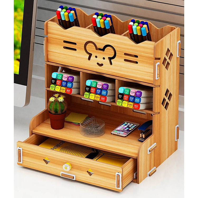 Hộp bút để bàn kệ đựng bút bằng gỗ HV10 - Tặng giá để điện thoại hình con thỏ bằng gỗ màu ngẫu nhiên