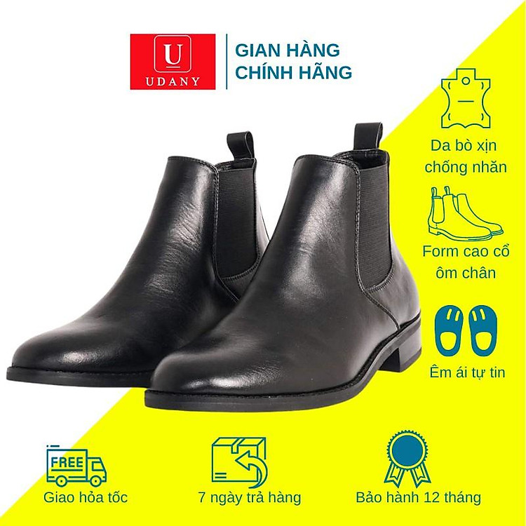 Giày Nam Chelsea Boot Cao Cổ Cao Câp UDANY - GCN08 - Da Bò Thật Trơn Xịn Không Nhăn Màu Đen